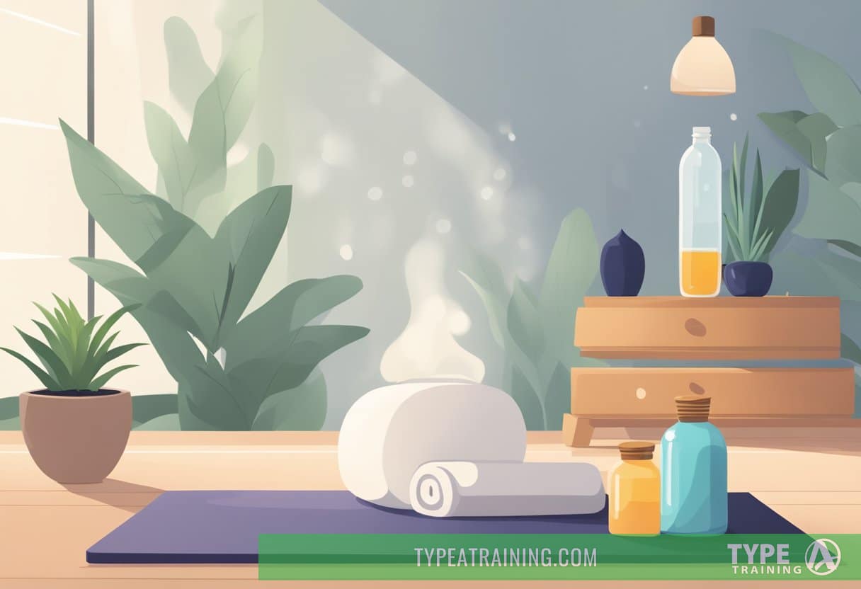 A diffuser emits essential oils in a serene post-workout setting, with a yoga mat, water bottle, and towel nearby. The room is bathed in soft, natural light, creating a calming atmosphere