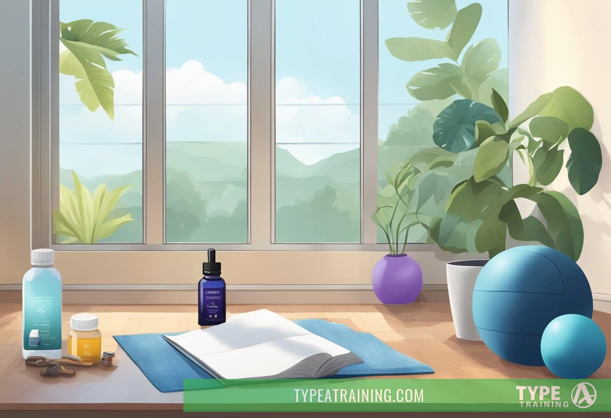 A serene setting with essential oils and a diffuser, surrounded by workout equipment and a water bottle, creating a calming post-workout recovery atmosphere