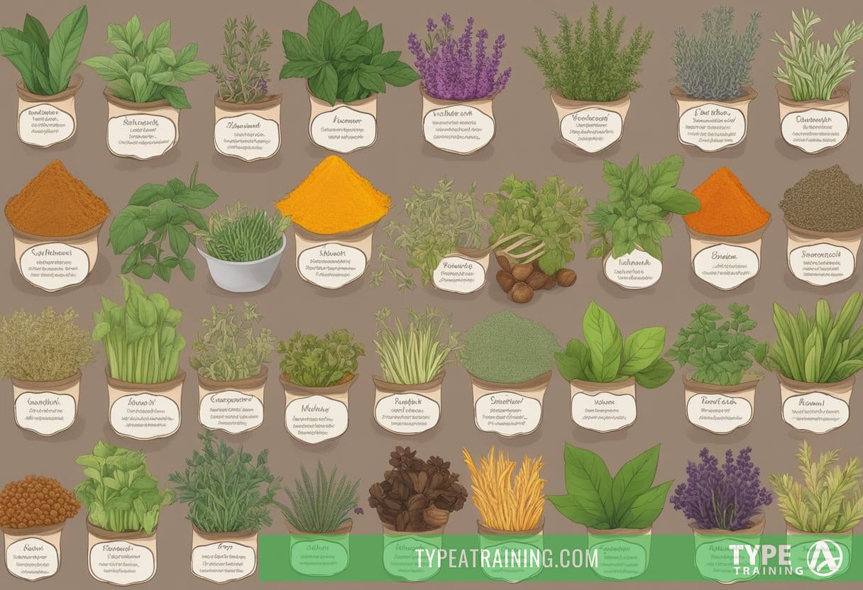 A variety of healing herbs and spices arranged in a colorful and vibrant display, with labels indicating their names and health benefits