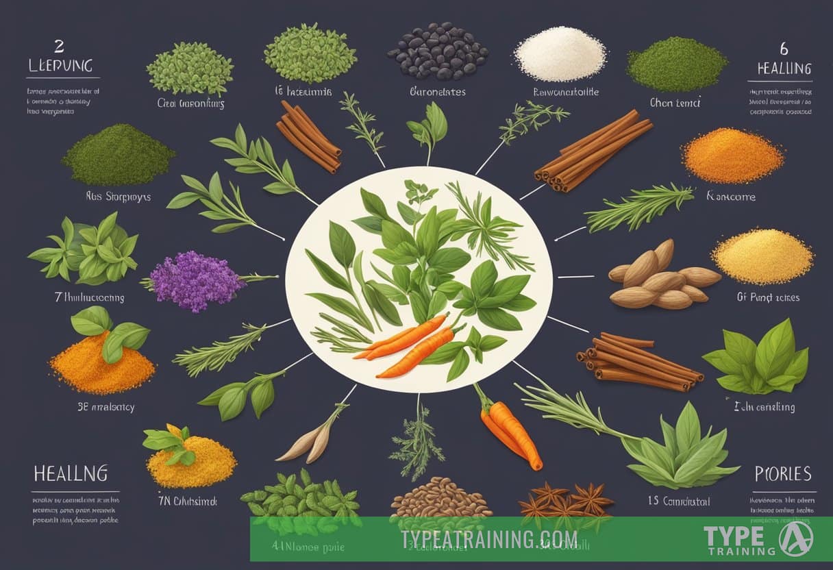 A vibrant array of herbs and spices arranged in a circle, radiating with colors and aromas. Each one labeled with its healing properties, creating a visual representation of the fundamental role they play in promoting better health