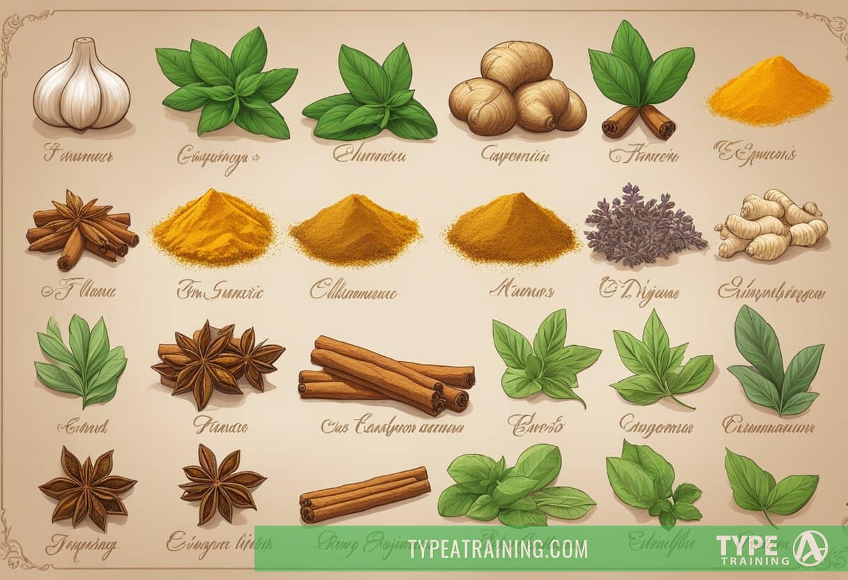 A colorful array of herbs and spices, including turmeric, ginger, and cinnamon, arranged on a rustic wooden table. Each herb is labeled with its name and benefits, creating a visually appealing and informative display