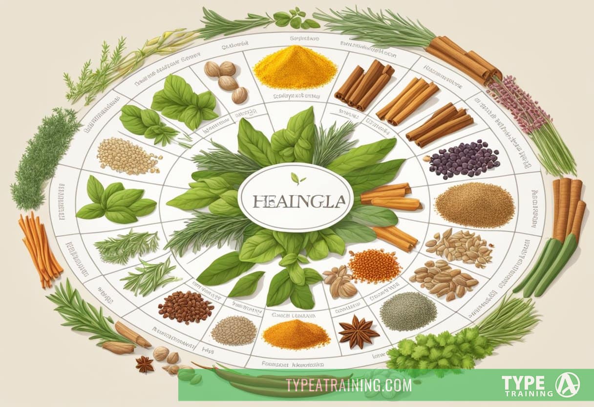 A variety of colorful herbs and spices arranged in a circular pattern, radiating outward from a central point, with labels indicating their healing properties