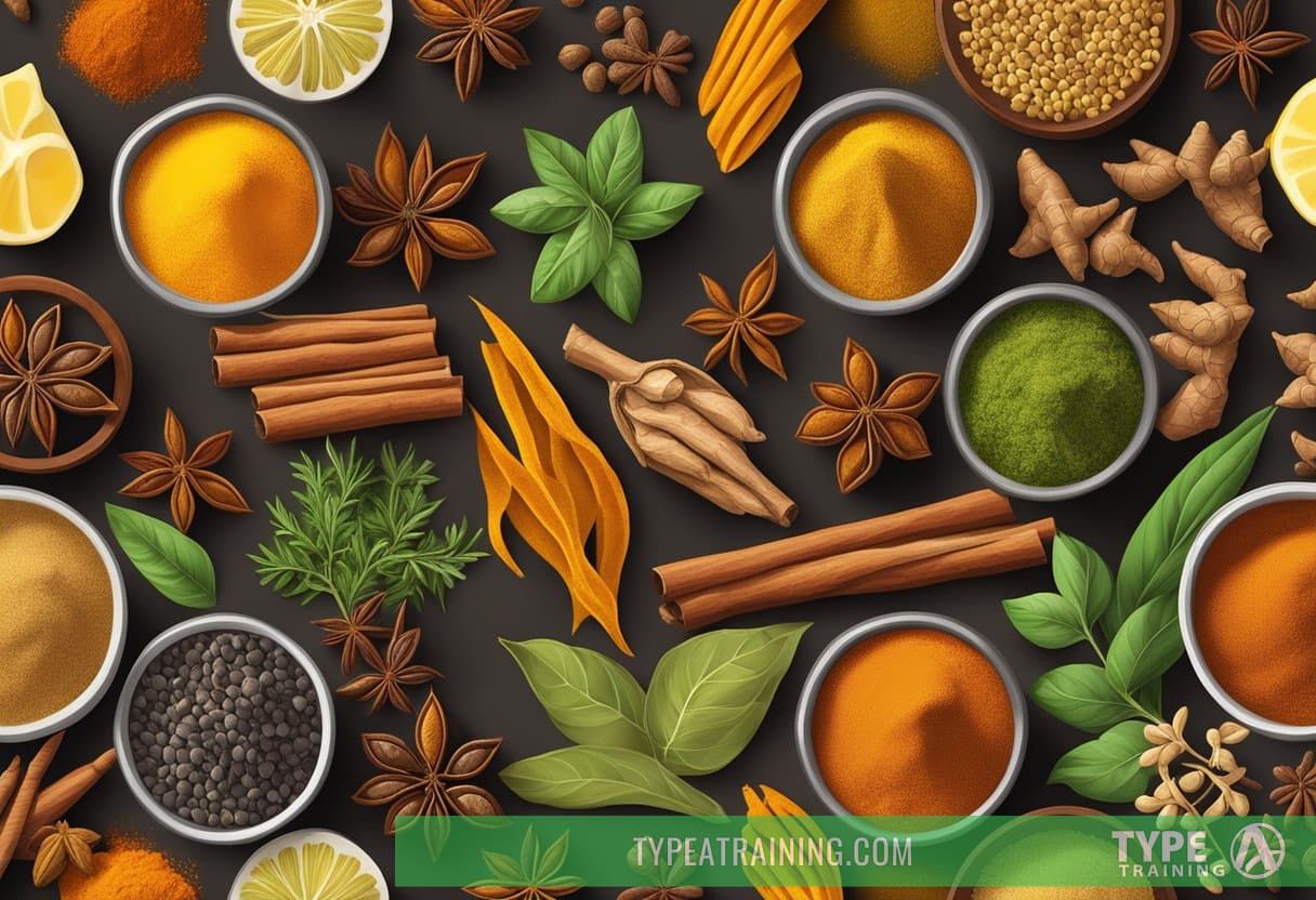 A colorful array of culinary spices and herbs, including turmeric, cinnamon, and ginger, arranged in a vibrant and enticing display