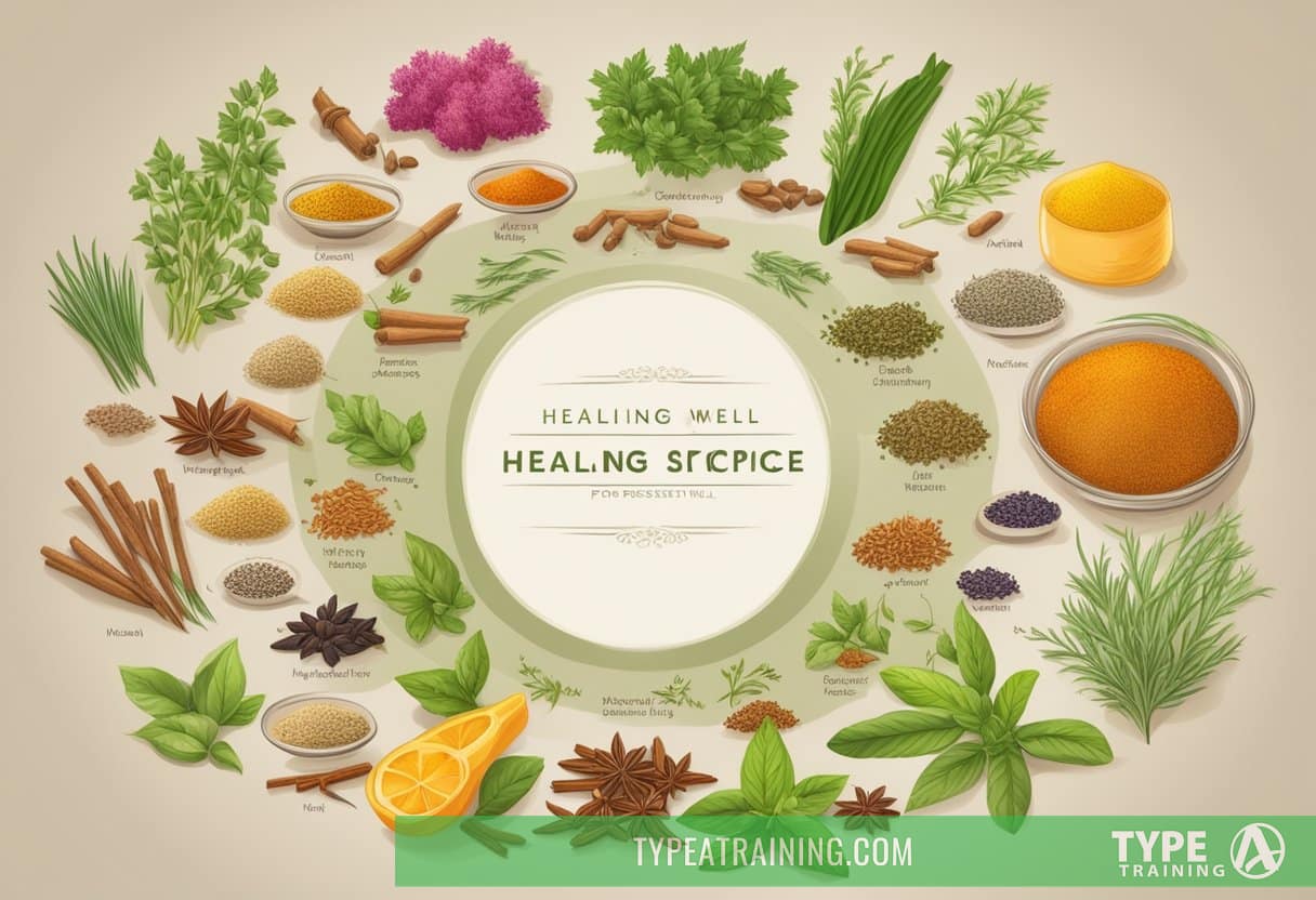 A collection of vibrant herbs and spices arranged in a circular pattern, with labels indicating their healing properties for digestive well-being