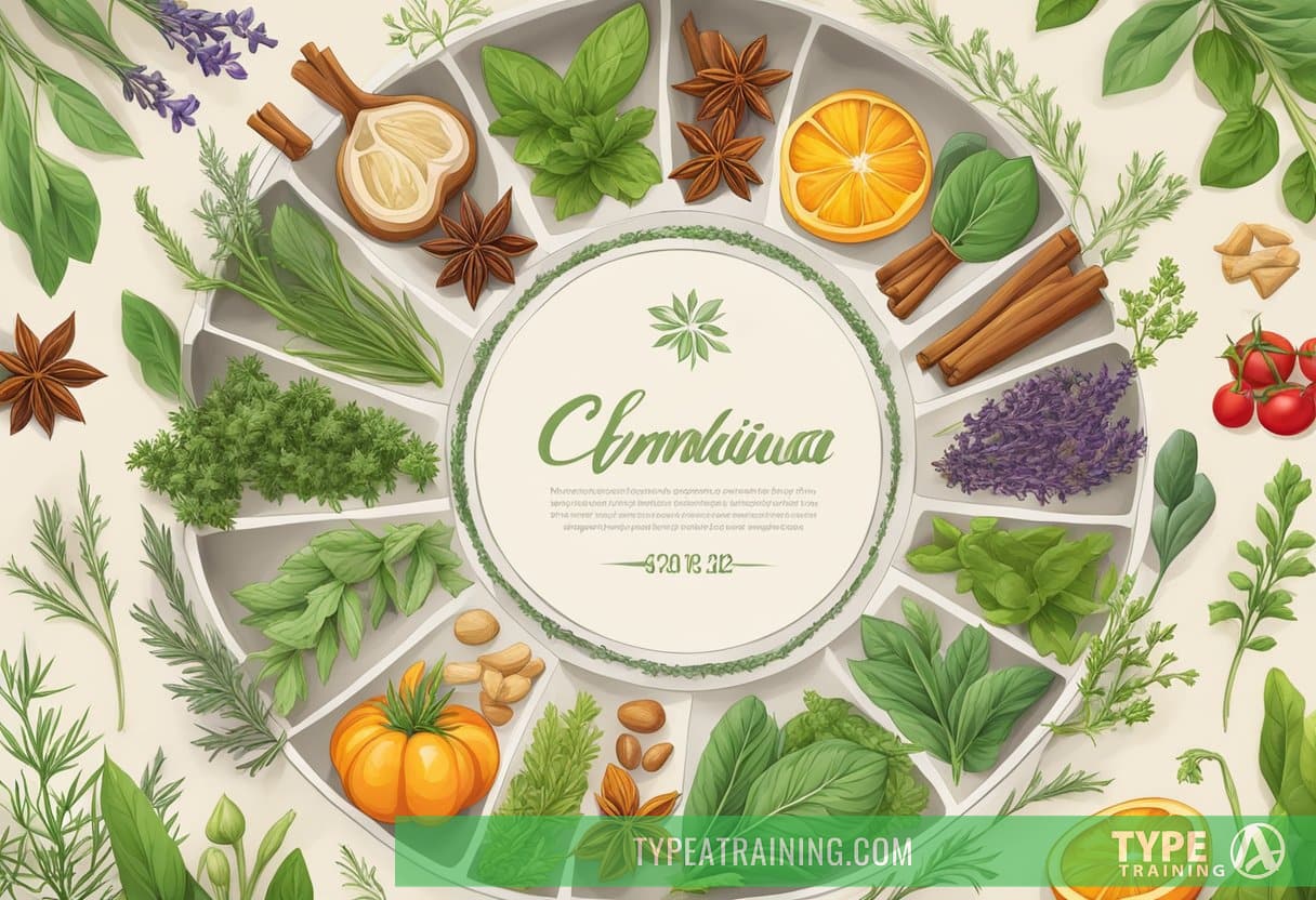A variety of colorful and aromatic herbs and spices are arranged in a circular pattern, emitting a sense of healing and wellness. Each ingredient exudes a strong and natural antimicrobial effect, symbolizing their potential for better health