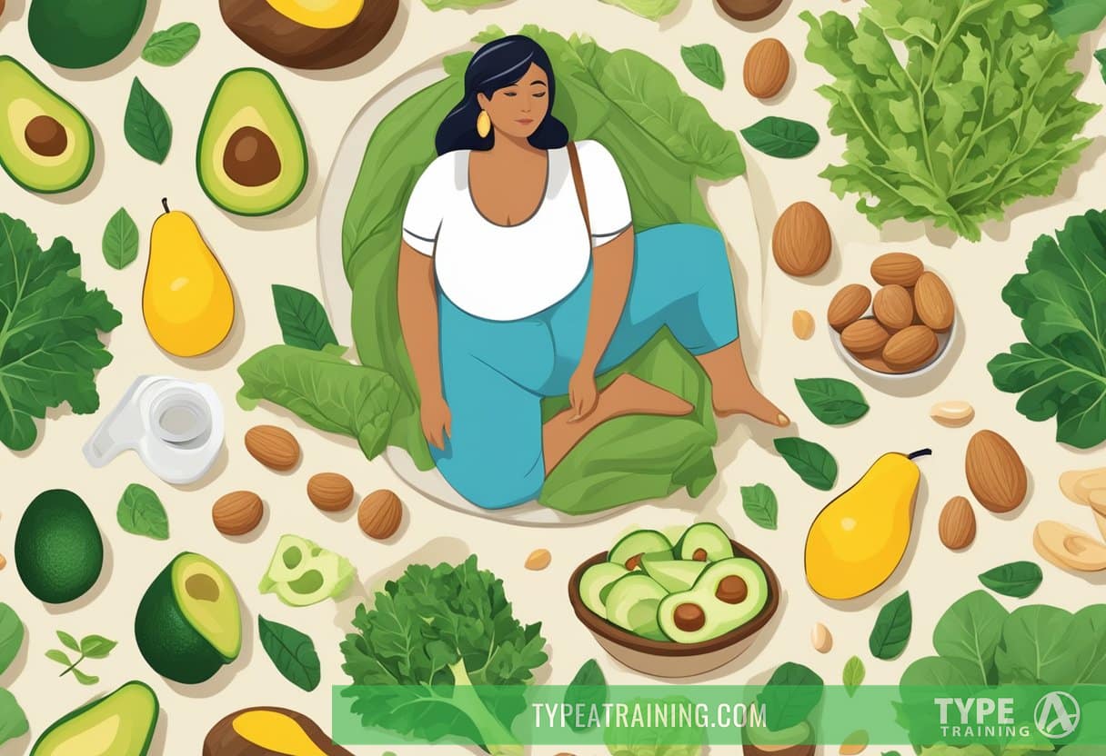 A woman surrounded by healthy, low-carb foods like avocados, nuts, and leafy greens. A tape measure and scale indicate weight loss goals