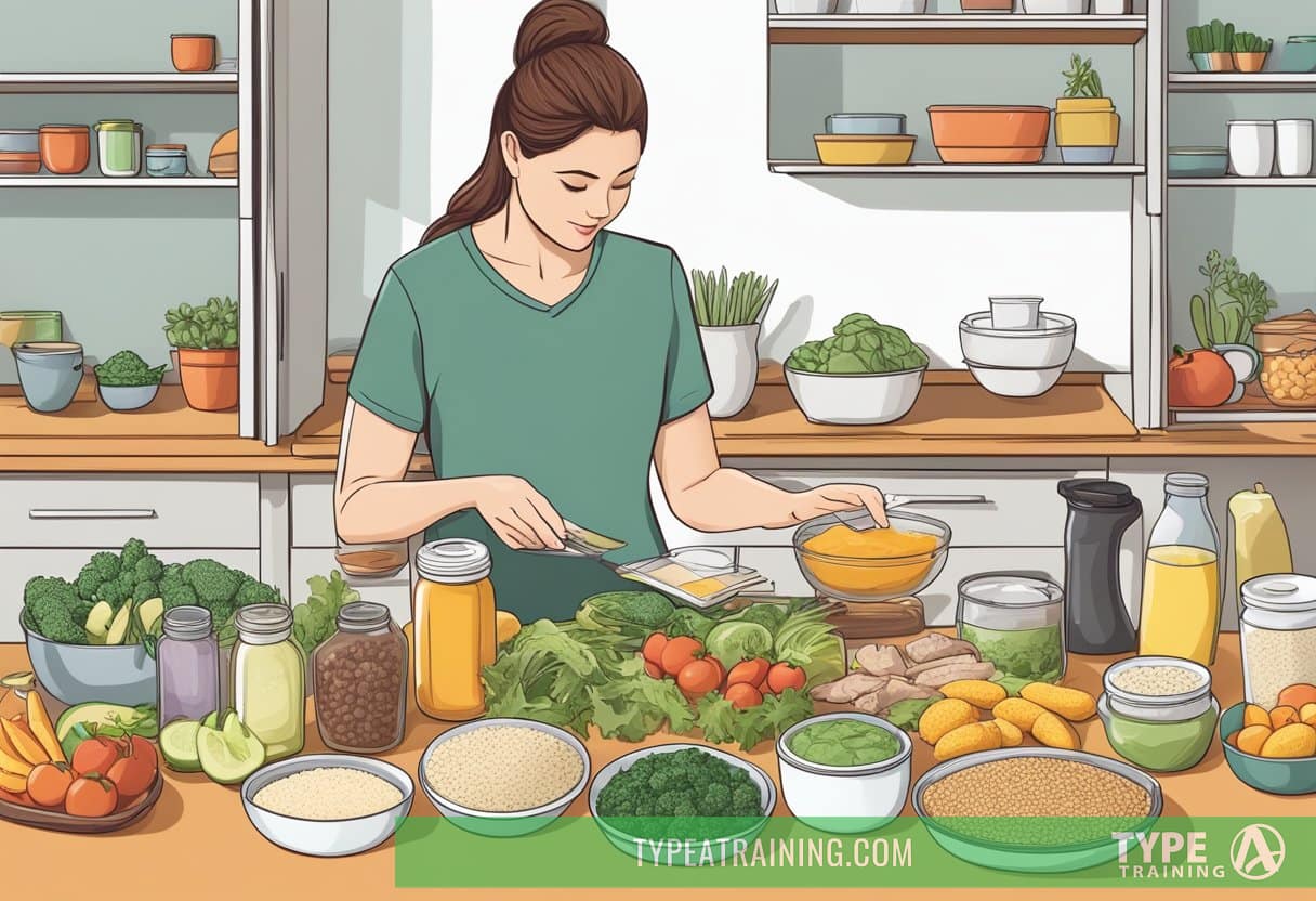 A woman measuring food portions while reading a keto diet guidebook, surrounded by various low-carb ingredients and meal prep containers