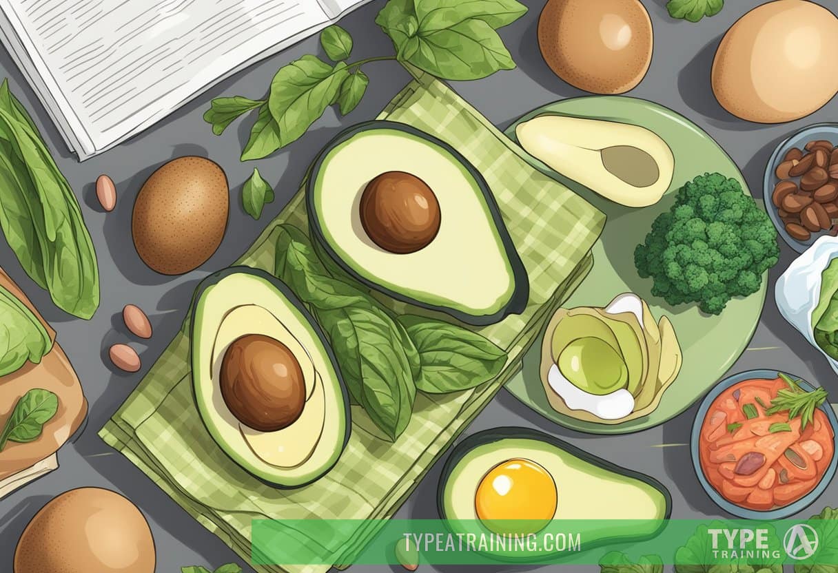 A table with various keto-friendly foods, such as avocado, eggs, and leafy greens, alongside a guidebook titled "Understanding the Keto Diet."