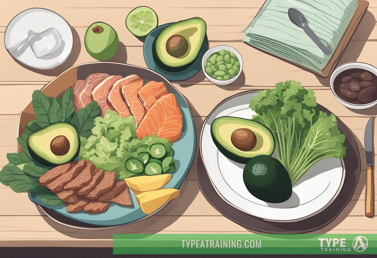 A table set with keto-friendly foods, including avocados, leafy greens, and lean meats. A guidebook on the diet lies open next to a plate