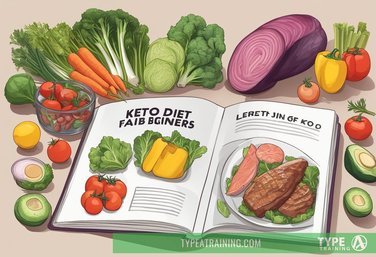A colorful spread of fresh vegetables, lean meats, and healthy fats, with a book titled "Keto Diet Guide for Beginners" as the focal point