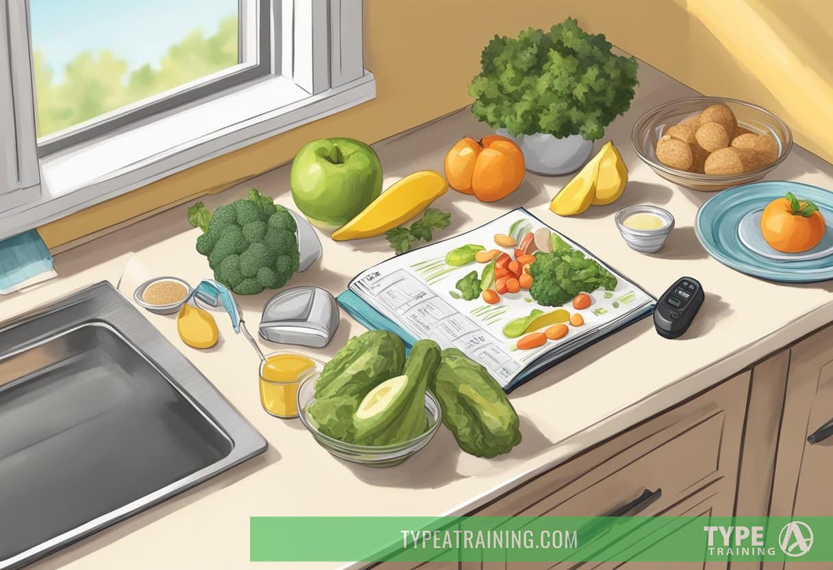 A kitchen counter with a keto diet book, measuring tape, and various healthy food items