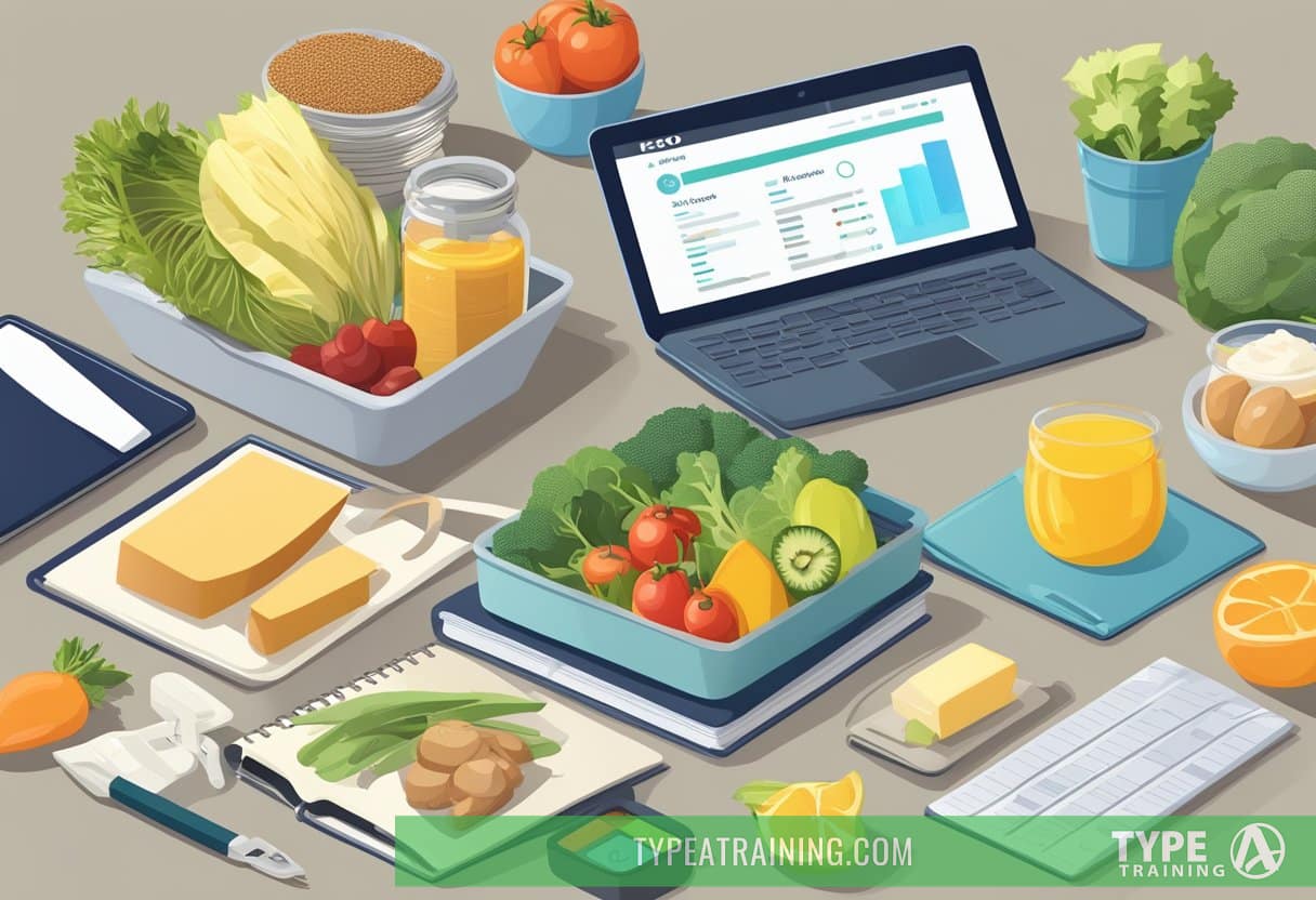 A table with keto-friendly foods, a scale, and a measuring tape. A stack of keto diet books and a laptop open to a keto guide website