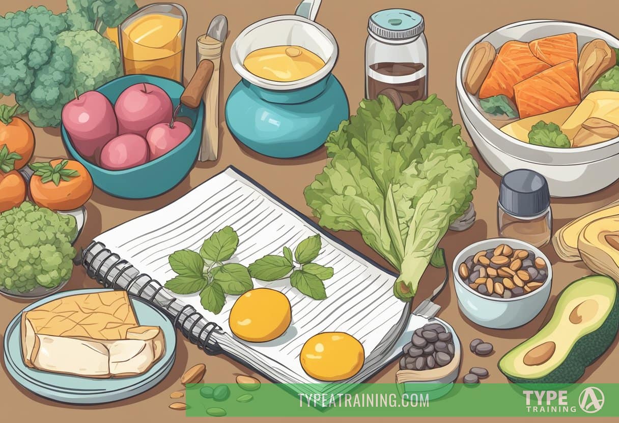 A table with various supplements and keto-friendly foods, surrounded by a keto diet guide book and a measuring tape