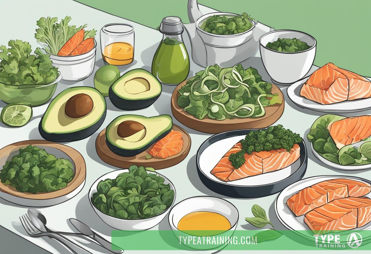 A table set with keto-friendly foods, including avocado, salmon, and leafy greens. A cookbook and meal plan are displayed alongside the dishes