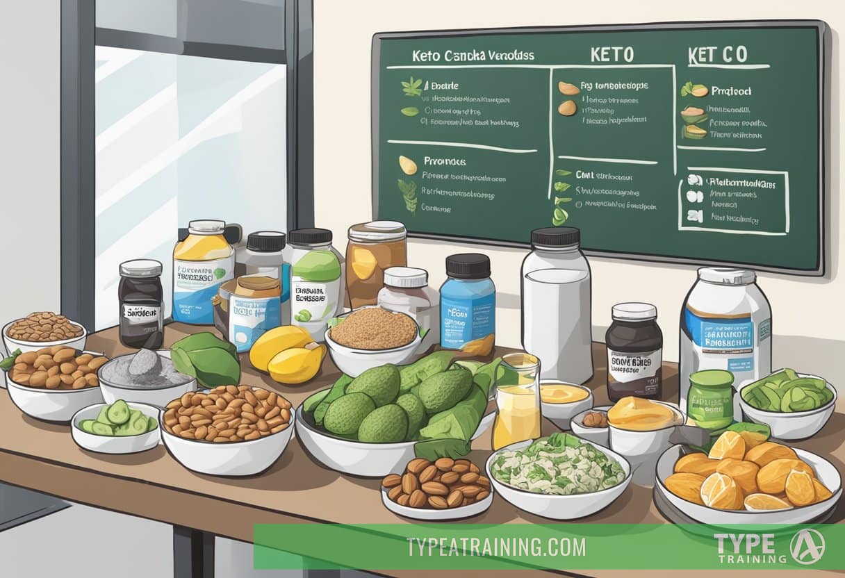 A table displays a variety of keto-friendly foods and supplements, including low-carb protein shakes, nuts, avocados, and electrolyte drinks. A workout plan is visible on a nearby whiteboard