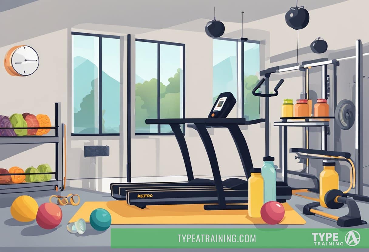 A gym with various exercise equipment, including weights, resistance bands, and cardio machines. A water bottle and keto-friendly snacks are nearby