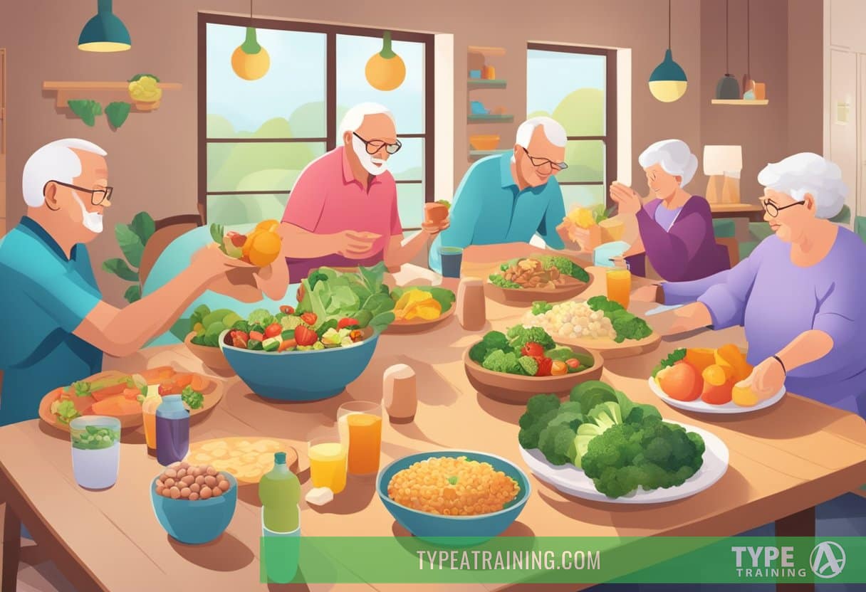 A group of seniors engaging in low-impact physical activities while enjoying a variety of keto-friendly foods. The scene exudes a sense of health and vitality