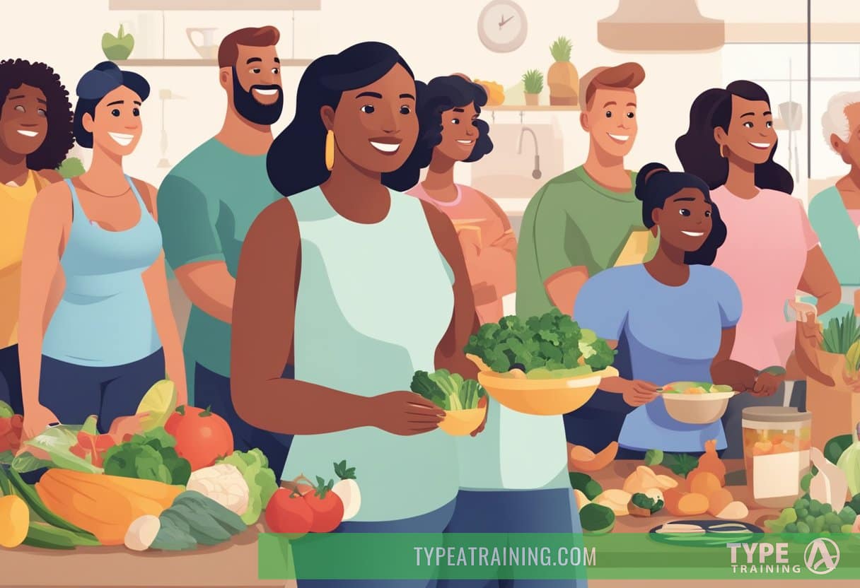 A diverse group of people of different ages, races, and body types engaging in various activities such as cooking, exercising, and grocery shopping while following the keto diet
