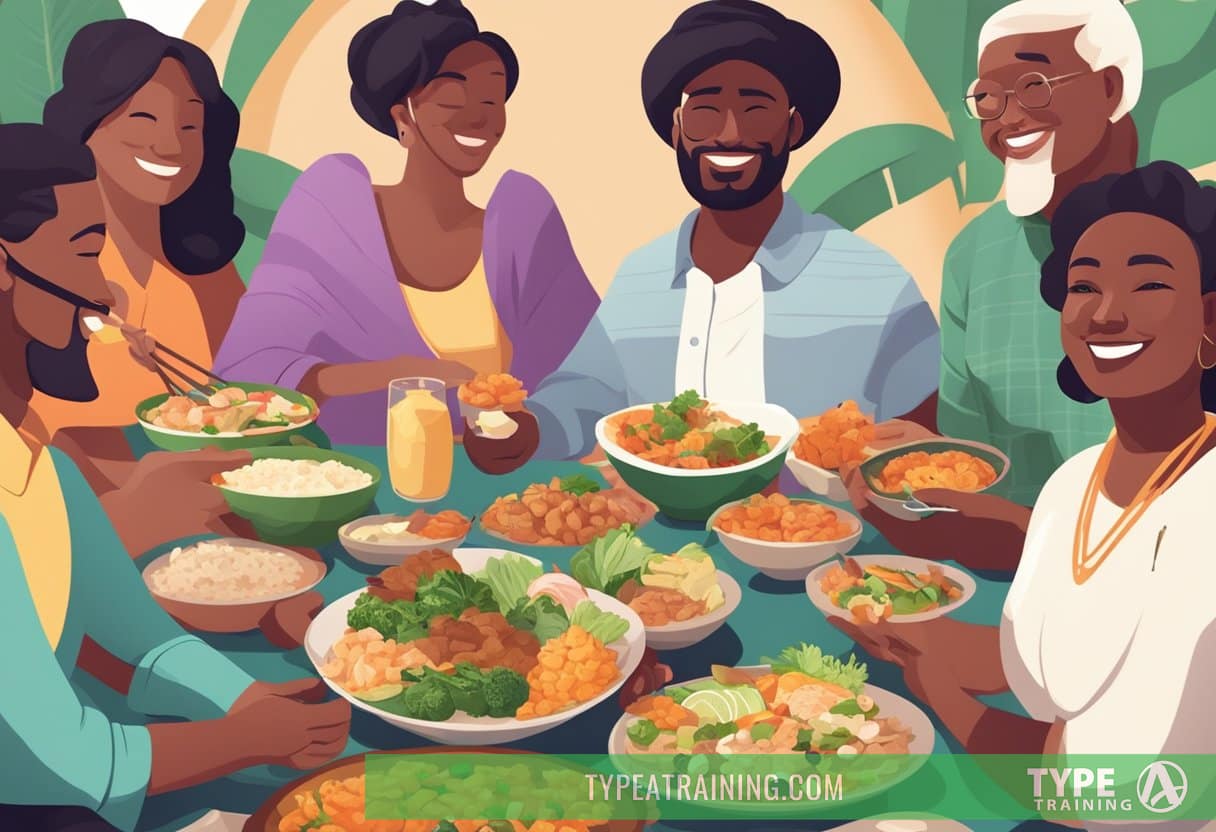 A diverse group of people from different regions enjoying traditional foods adapted to the keto diet