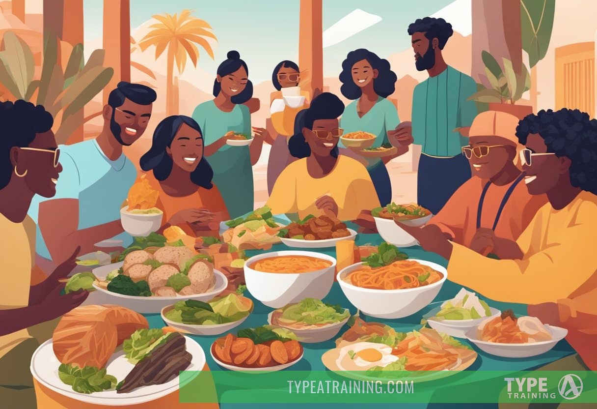 A diverse group of people from different regions enjoying traditional keto-friendly foods in a vibrant cultural setting