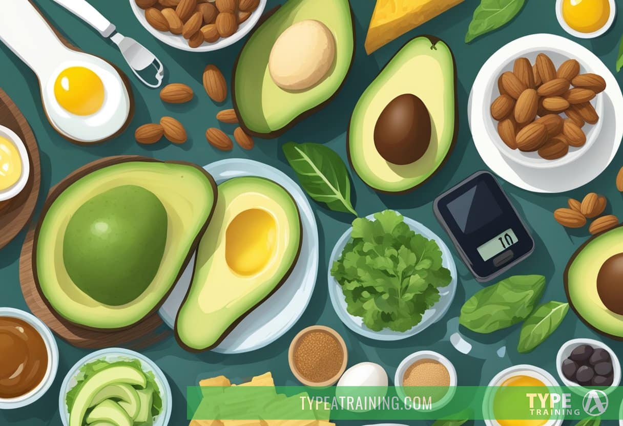 A variety of low-carb, high-fat foods arranged on a table, including avocados, nuts, eggs, and leafy greens. A measuring tape and blood glucose monitor are also present