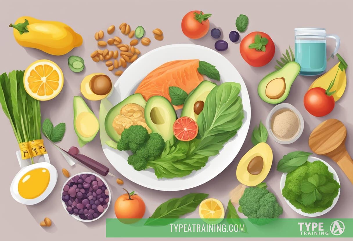 A colorful plate of keto-friendly foods with a measuring tape and scale nearby, symbolizing weight management and health benefits of the keto diet