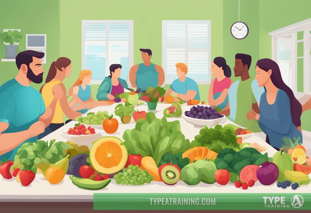 A table filled with colorful fruits, vegetables, and lean proteins, with a label "Keto Diet" and a background of healthy individuals exercising