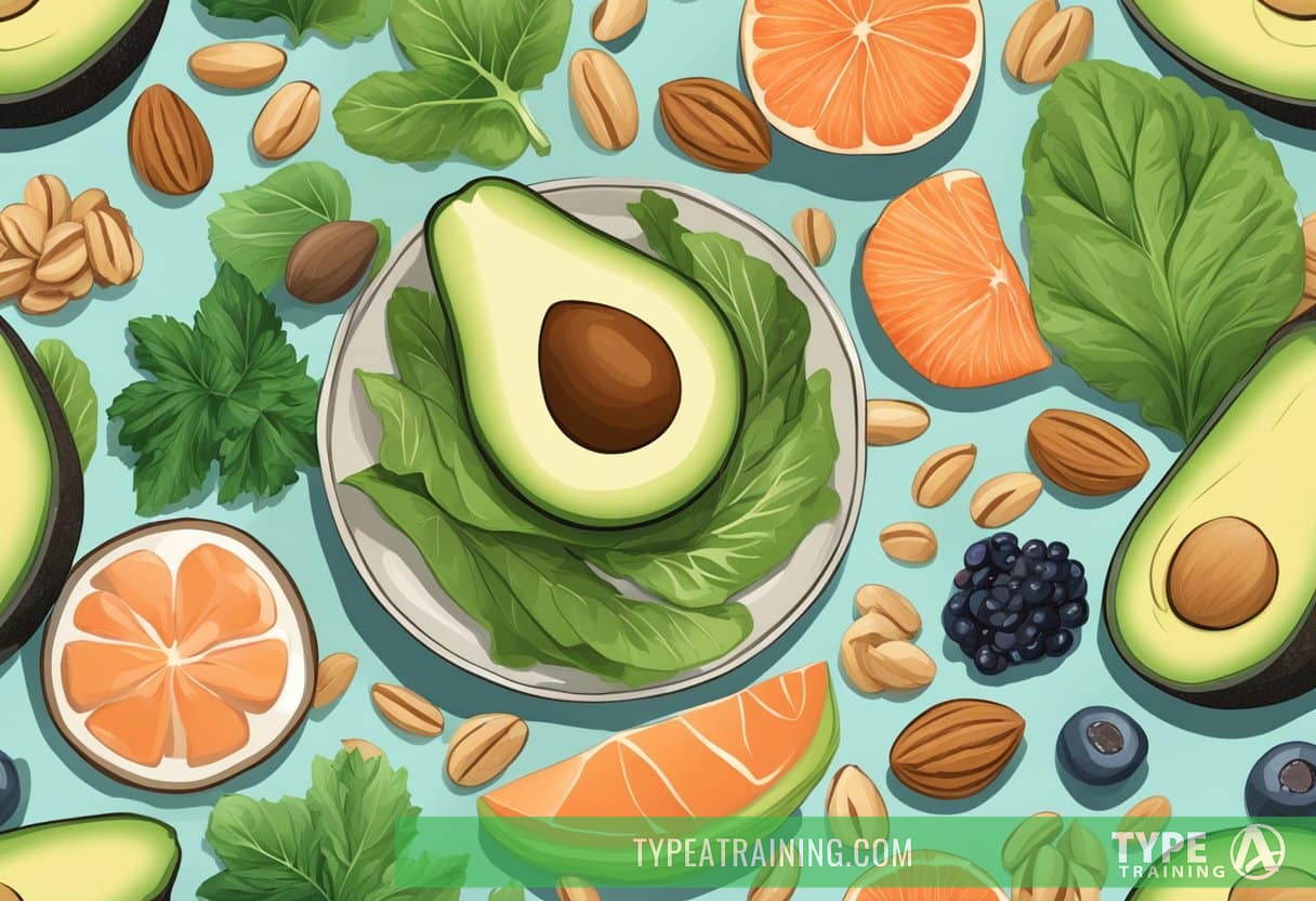 A colorful plate with various foods: avocado, salmon, leafy greens, nuts, and berries. A keto diet for specific health conditions