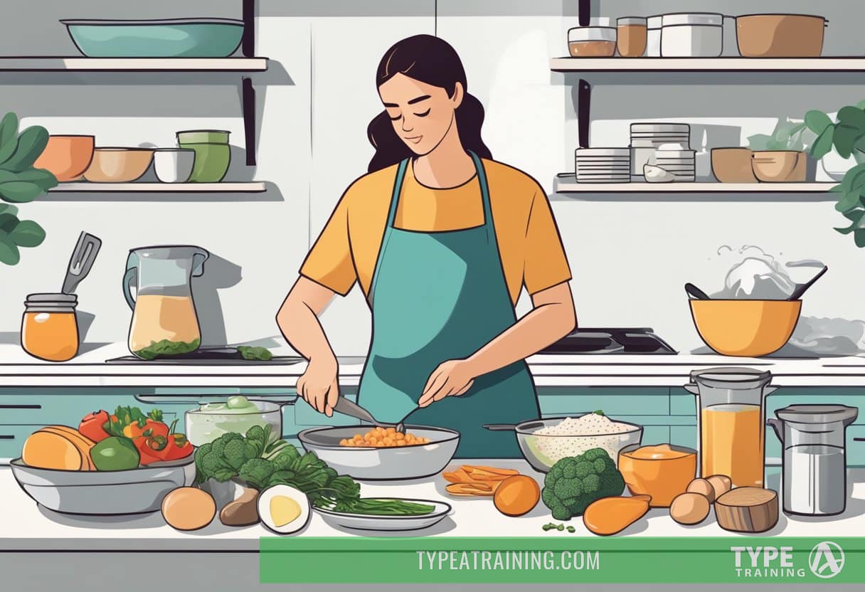 A person preparing keto-friendly meals while managing health conditions. Ingredients laid out, measuring cups, and recipe book open. Focused and determined expression