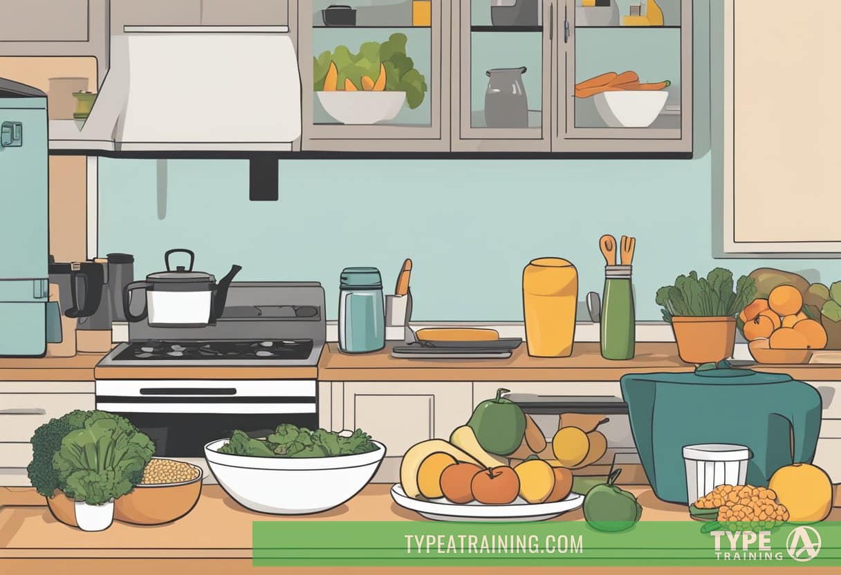 A kitchen counter with keto-friendly foods, exercise equipment, and a journal for tracking progress. A person's silhouette in the background suggests an active lifestyle