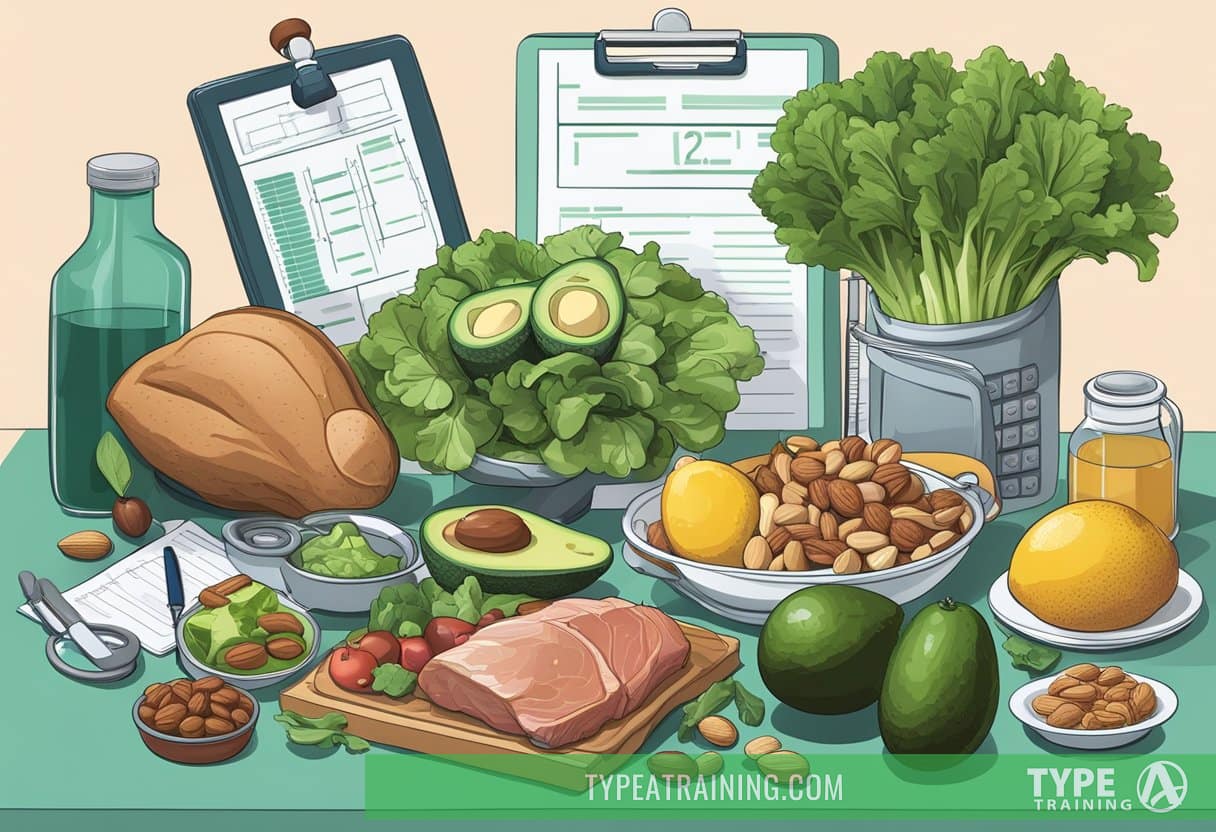 A table filled with various foods such as leafy greens, avocados, nuts, and lean meats. A doctor's stethoscope and medical charts are scattered around, indicating a focus on health conditions