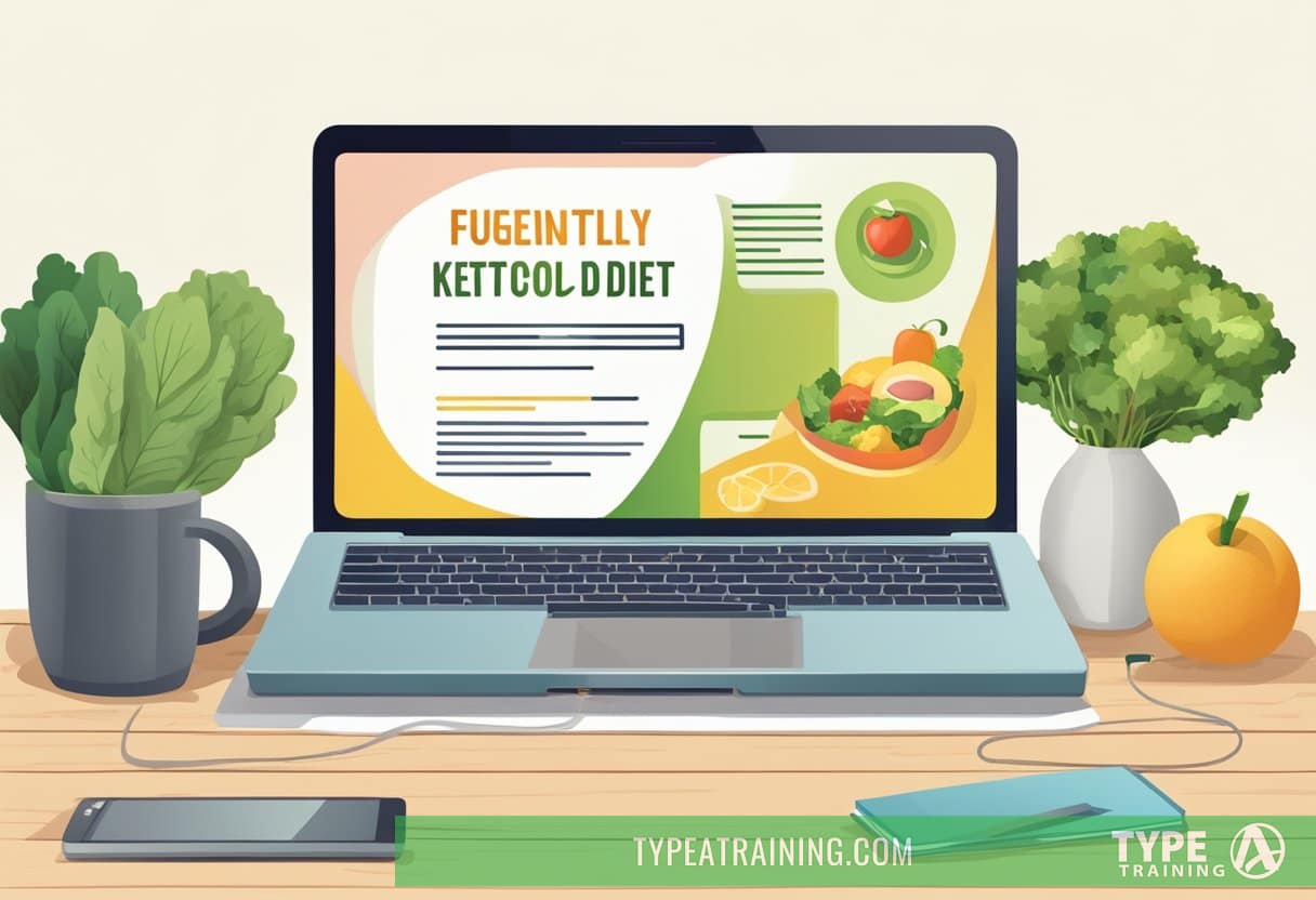 A table with a laptop, open book, and healthy food. A banner reads "Frequently Asked Questions Keto Diet for Health Conditions."
