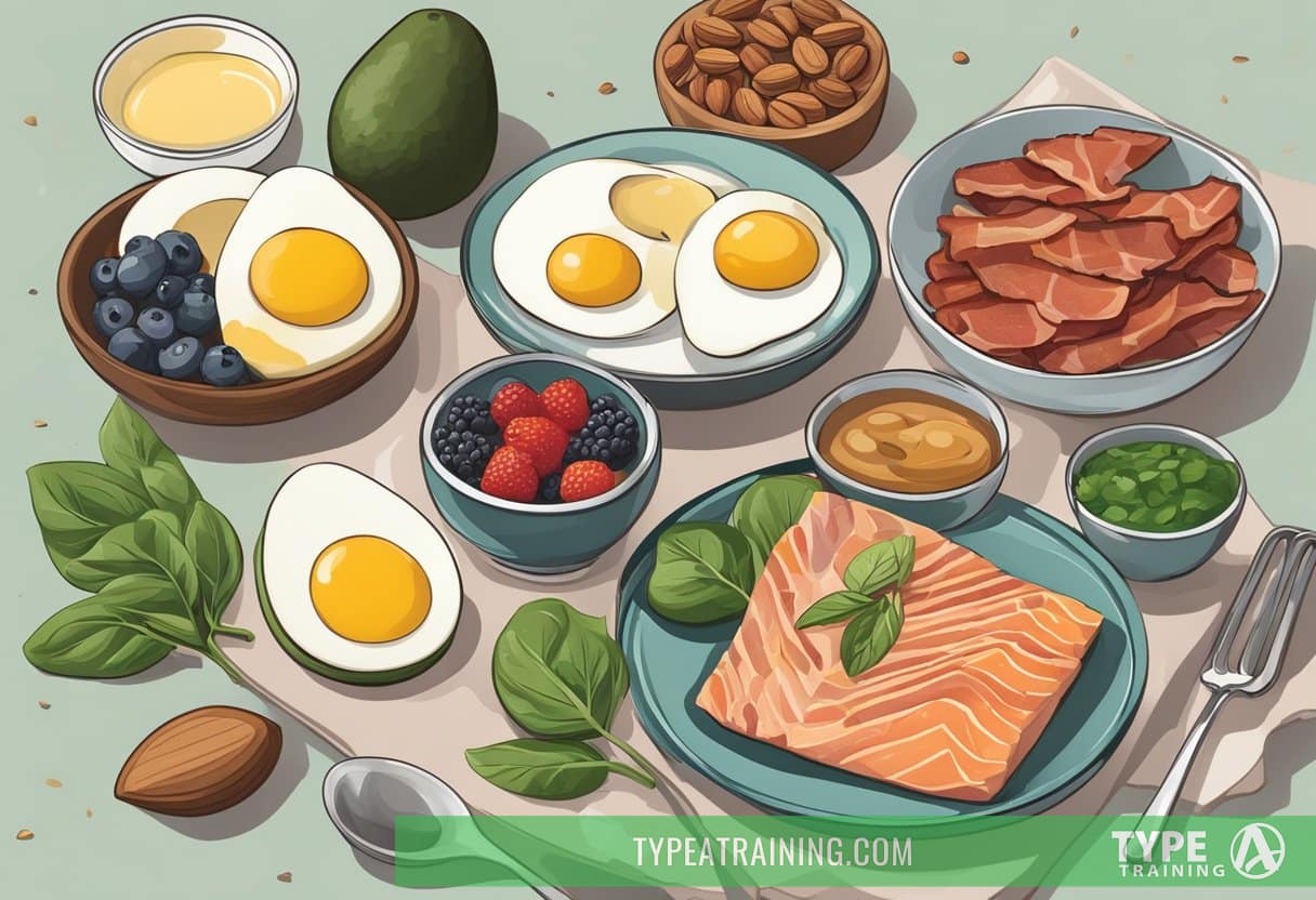 A table set with a variety of keto-friendly foods: avocado, eggs, bacon, spinach, salmon, nuts, and berries. A cookbook and measuring spoons are nearby