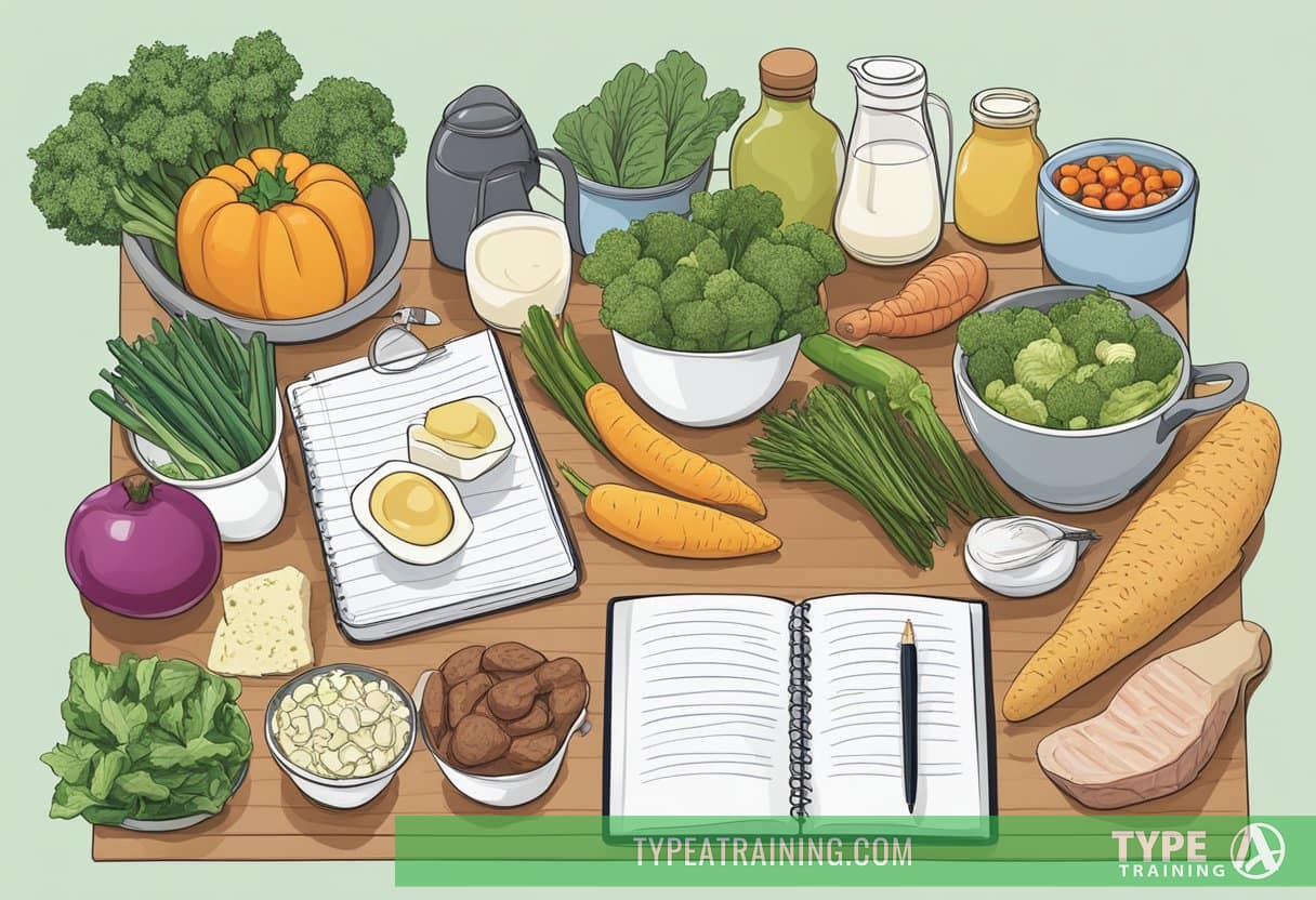 A kitchen counter with a variety of fresh vegetables, meats, and dairy products laid out for meal planning. A notebook and pen sit nearby for jotting down keto recipes