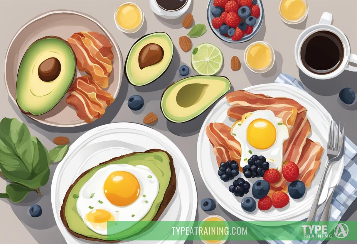 A table set with a variety of keto breakfast foods, including eggs, avocado, bacon, and berries. A cup of black coffee and a glass of water accompany the meal
