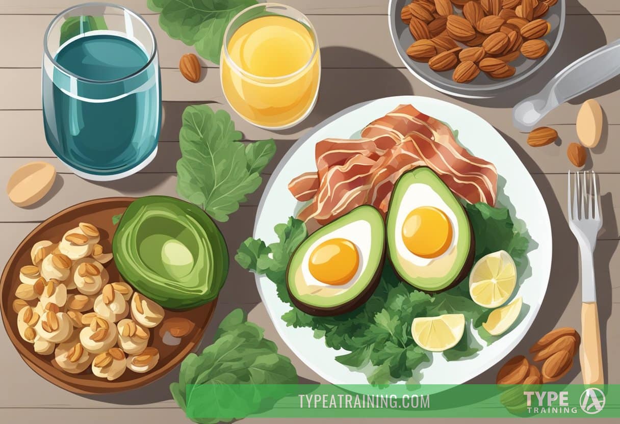 A table set with a variety of keto-friendly foods, including avocado, eggs, bacon, and leafy greens. A glass of water and a plate of nuts complete the scene