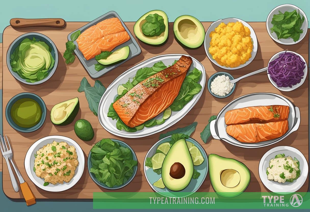 A table set with various ketogenic dinner recipes, including grilled salmon, avocado salad, and cauliflower rice. Ingredients and cooking utensils are scattered around