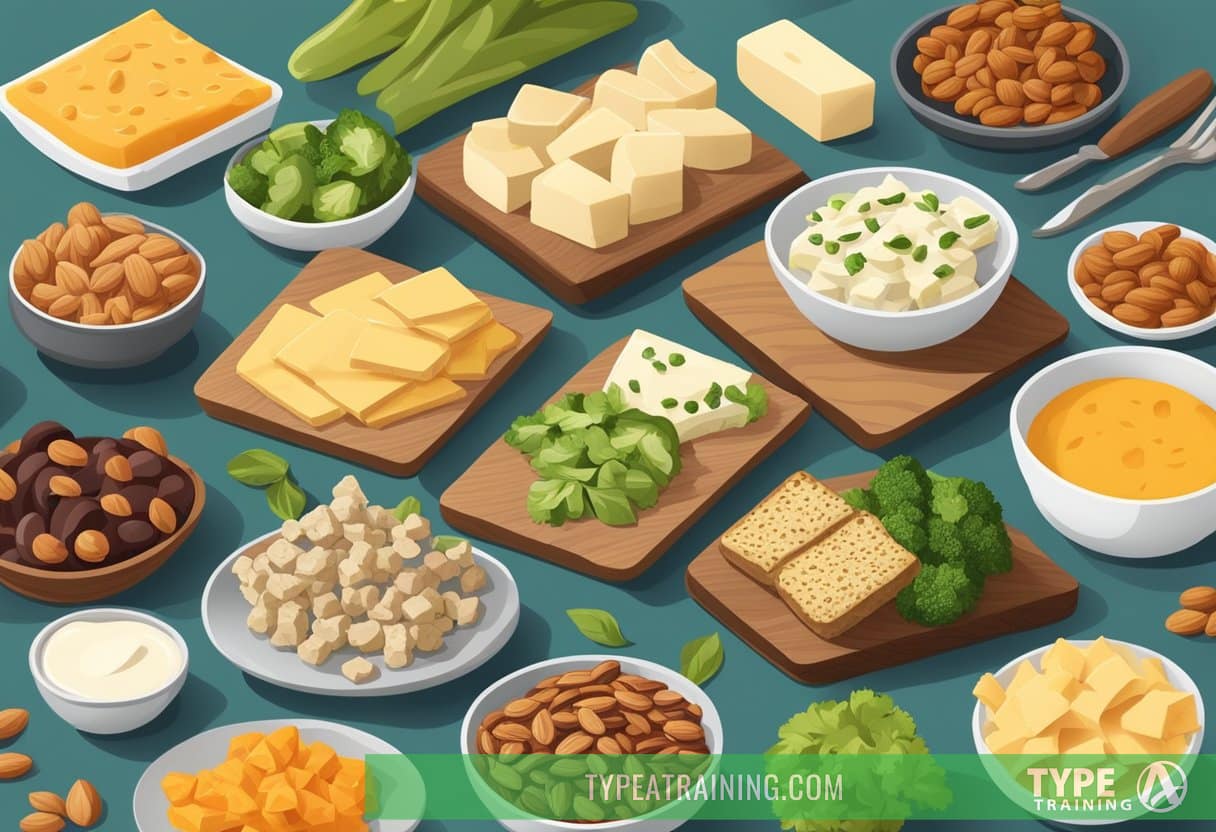 A table set with a variety of keto-friendly snacks and appetizers, including cheese, nuts, and vegetables, arranged in an appealing and appetizing display
