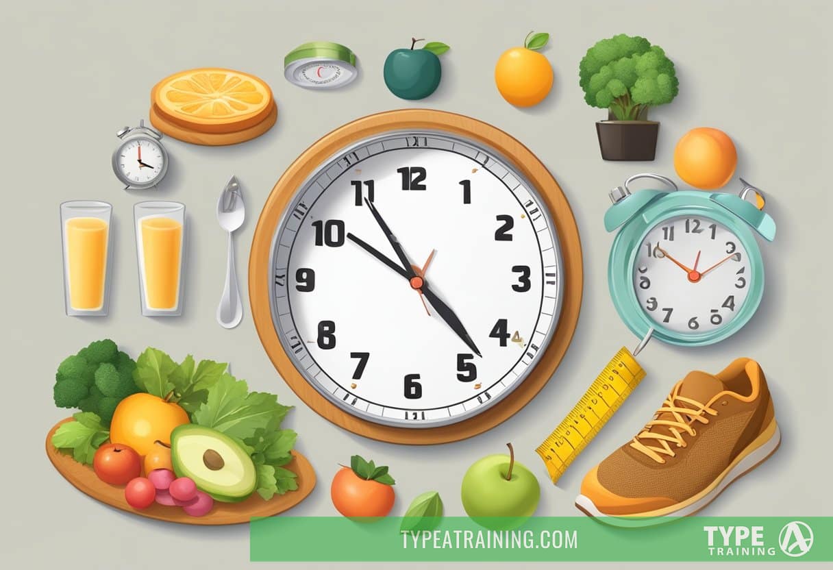 A clock showing different time intervals, a plate with healthy food, a scale showing weight loss, a lit candle representing discipline, a running shoe, and a measuring tape