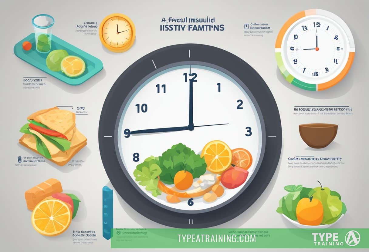 A clock showing a time interval, a plate of food, a measuring tape, a graph showing improved insulin sensitivity, a body silhouette with reduced fat, and a list of top 6 reasons for intermittent fasting
