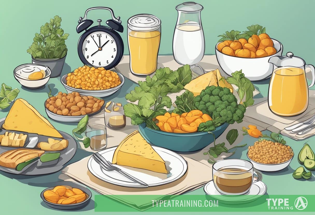 A table with various foods and a clock showing different times, representing the benefits of intermittent fasting for hormone balance and fat loss