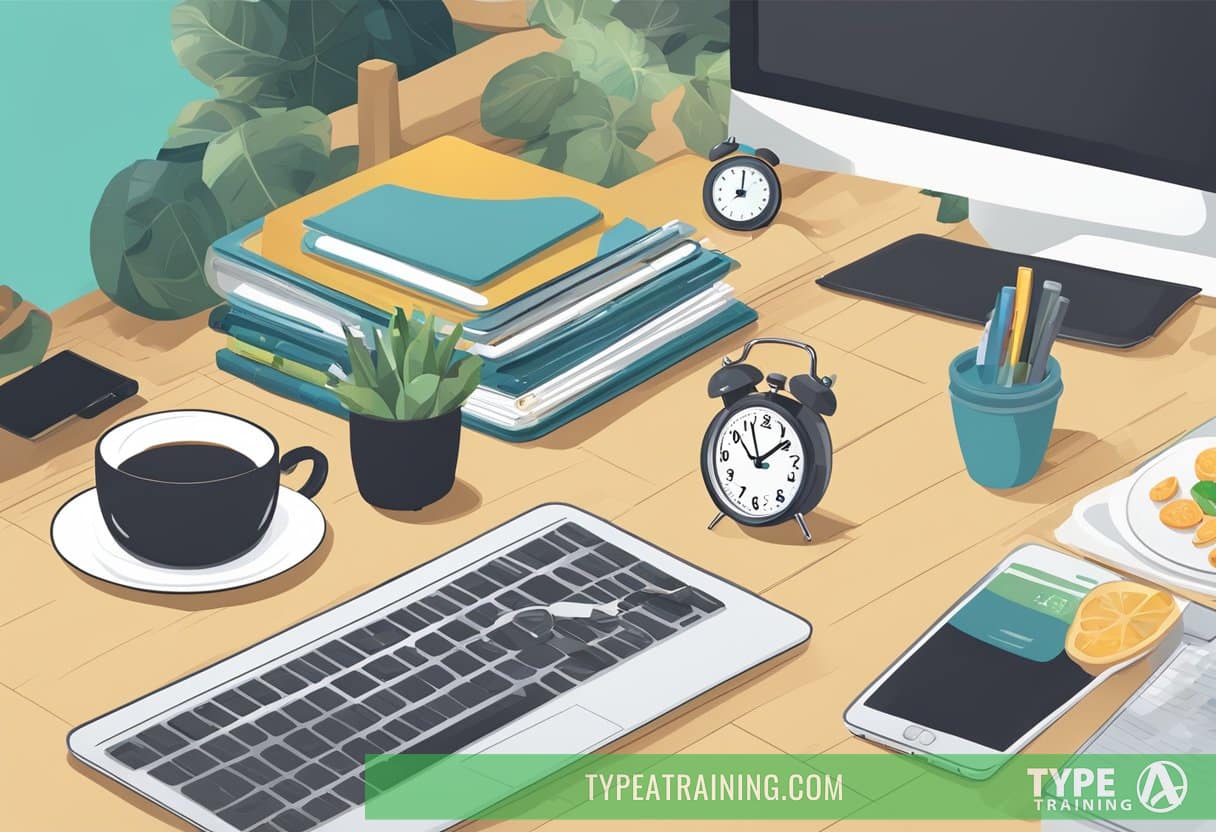 A person's desk with a computer, healthy snacks, water, and a clock showing intermittent fasting schedule