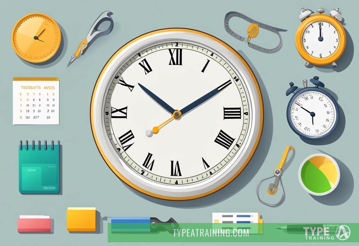 A clock showing different times, an empty plate, a measuring tape, a scale, a calendar, and a list of benefits