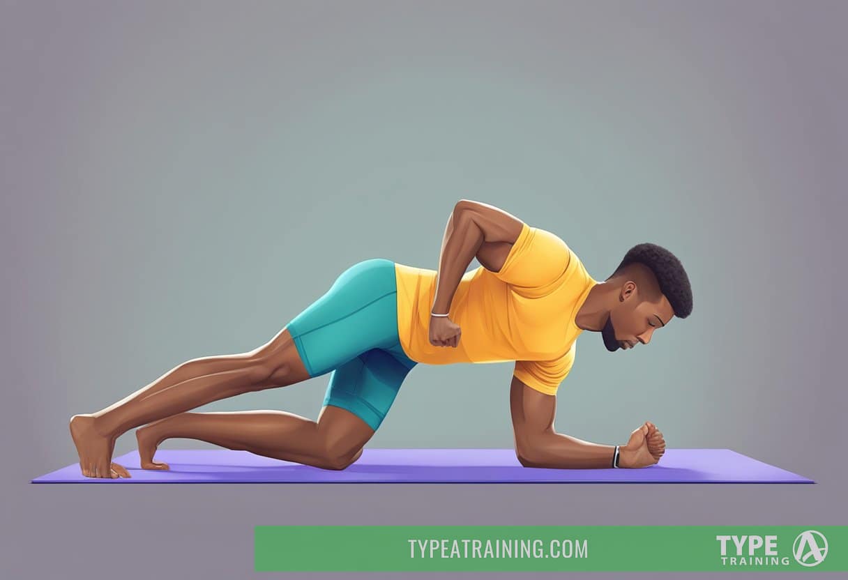 A person doing a plank on a yoga mat, with straight arms and a flat back, engaging their core muscles