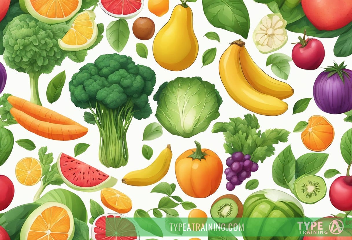 A collection of colorful fruits and vegetables arranged on a clean, white surface, surrounded by water and natural elements