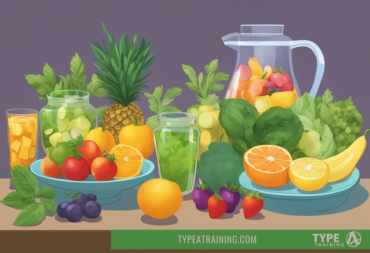 A table with various fruits, vegetables, and herbs arranged in a colorful and appetizing display. A glass pitcher filled with infused water sits nearby