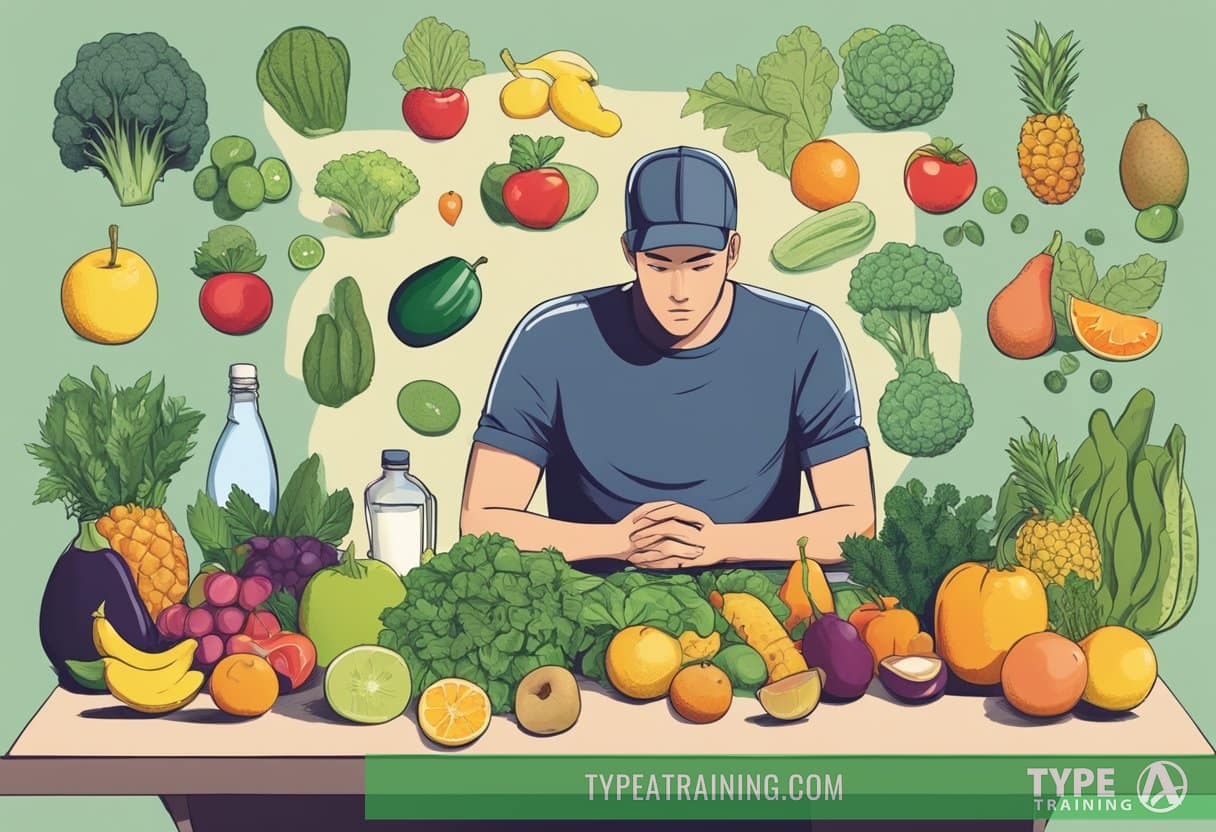 A person sitting at a table surrounded by various fruits, vegetables, and detox drinks. A puzzled expression on their face as they consider the risks and side effects of detox diets and cleanses