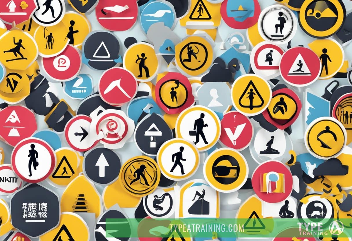 A caution sign with a silhouette of a person following a fitness influencer, surrounded by warning symbols