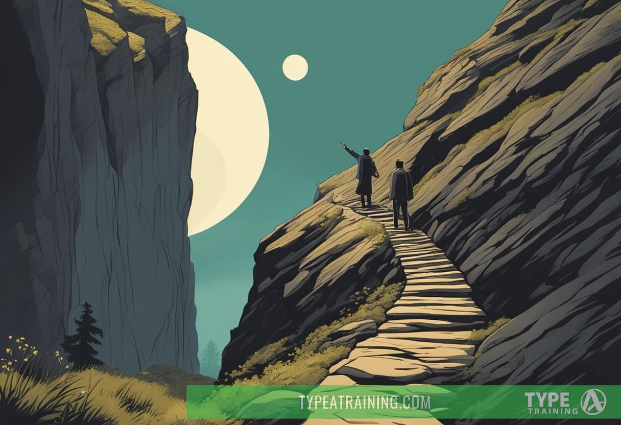 A shadowy figure looms over a cliff, pointing towards a treacherous path below. A warning sign flashes in the background