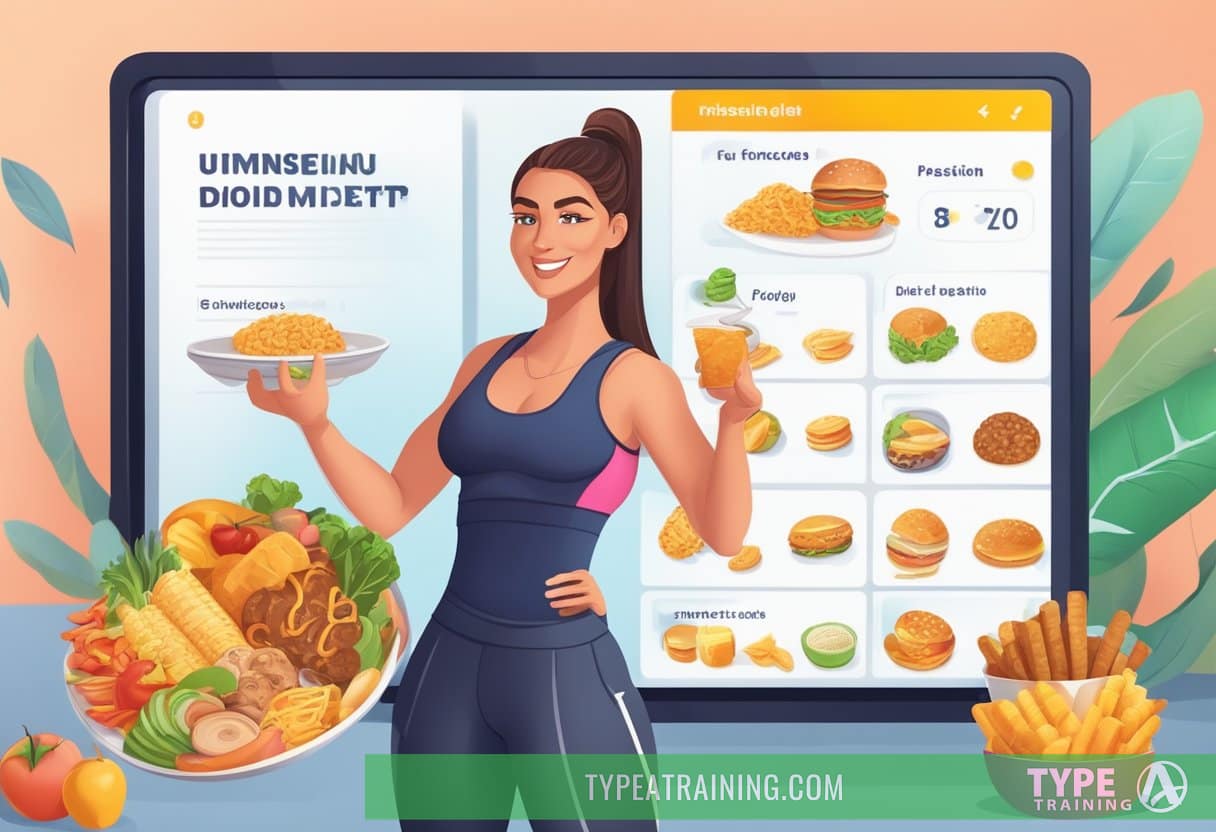 A fitness influencer holds a plate of unhealthy food, while pointing to a misleading diet plan on a screen